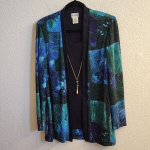 Vintage Liz Baker Classic Lagenlook Black Cardigan and Necklace Made In USA